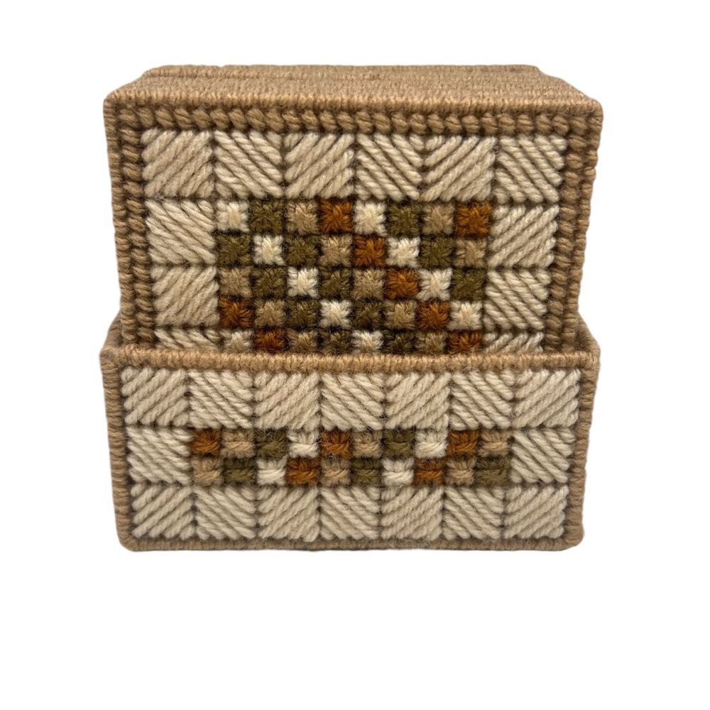 (8) Vintage Handmade Needle Point Canvas Art Coaster Set with Holder FALL Decor